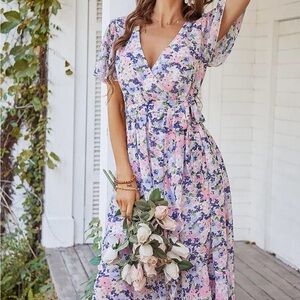 Floral Wrap Midi Dress in Pink and Lavender Blossoms